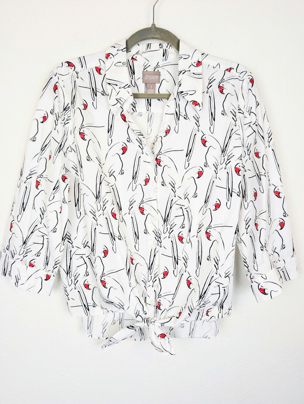 Chicos Top Amazon Parrots Print Tie Front Popover Alabaster Novelty White Size M - Picture 1 of 10